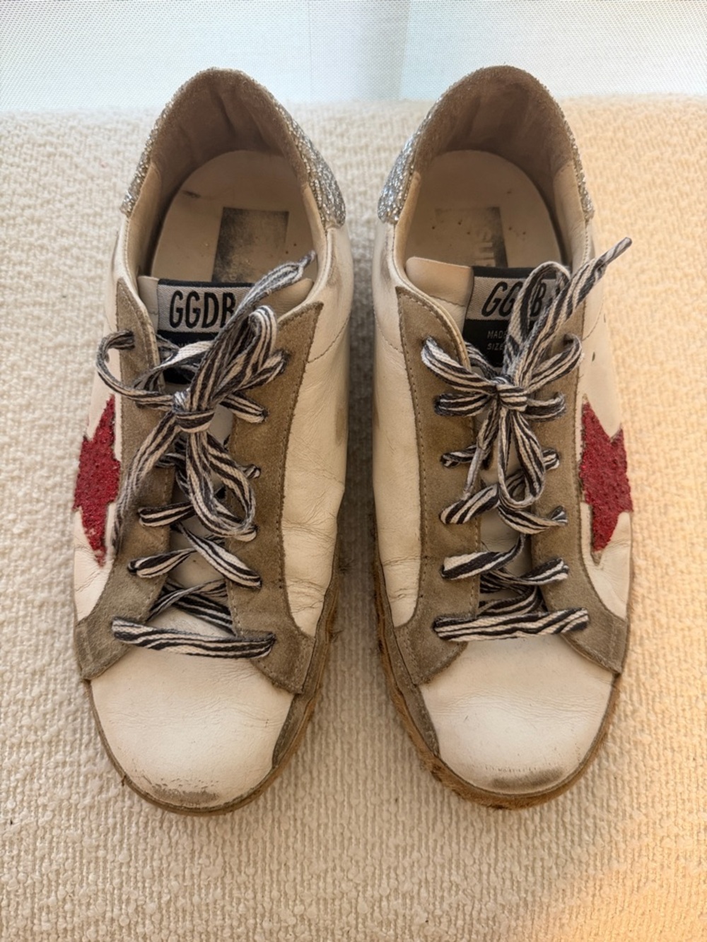 Golden Goose White Leather Sneakers with Red Star and Silver Heel